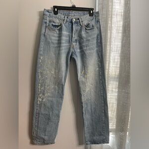 MNML Light Blue Straight Jeans with paint Distressed Details